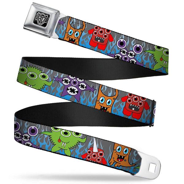 Buckle-Down BD Wings Logo CLOSE-UP Full Color Black Silver Seatbelt Belt - Cute Monsters Gray/Flame Blue Webbing