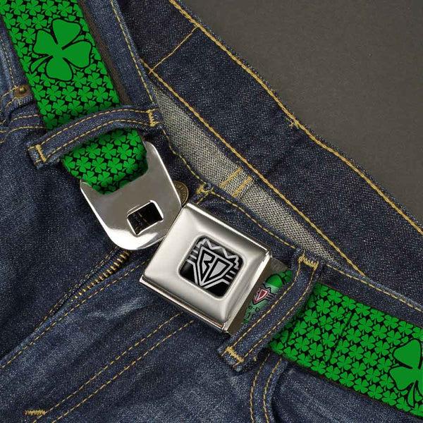 Buckle-Down BD Wings Logo CLOSE-UP Full Color Black Silver Seatbelt Belt - St. Pat's Clovers/Green Webbing
