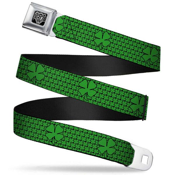 Buckle-Down BD Wings Logo CLOSE-UP Full Color Black Silver Seatbelt Belt - St. Pat's Clovers/Green Webbing