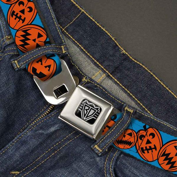 Buckle-Down BD Wings Logo CLOSE-UP Full Color Black Silver Seatbelt Belt - Jack-o'-Lanterns Blue Webbing