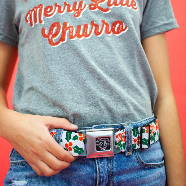 Buckle-Down BD Wings Logo CLOSE-UP Full Color Black Silver Seatbelt Belt - Holly & Mistletoe Webbing