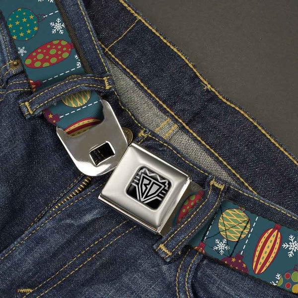 Buckle-Down BD Wings Logo CLOSE-UP Full Color Black Silver Seatbelt Belt - Christmas Ornaments/Snowflakes Blue/White/Multi Color Webbing