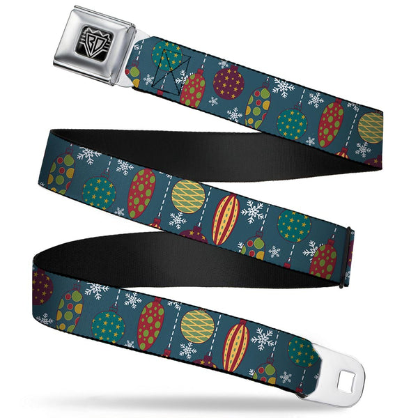 Buckle-Down BD Wings Logo CLOSE-UP Full Color Black Silver Seatbelt Belt - Christmas Ornaments/Snowflakes Blue/White/Multi Color Webbing