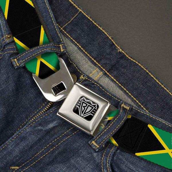 Buckle-Down BD Wings Logo CLOSE-UP Full Color Black Silver Seatbelt Belt - Jamaica Flags Webbing