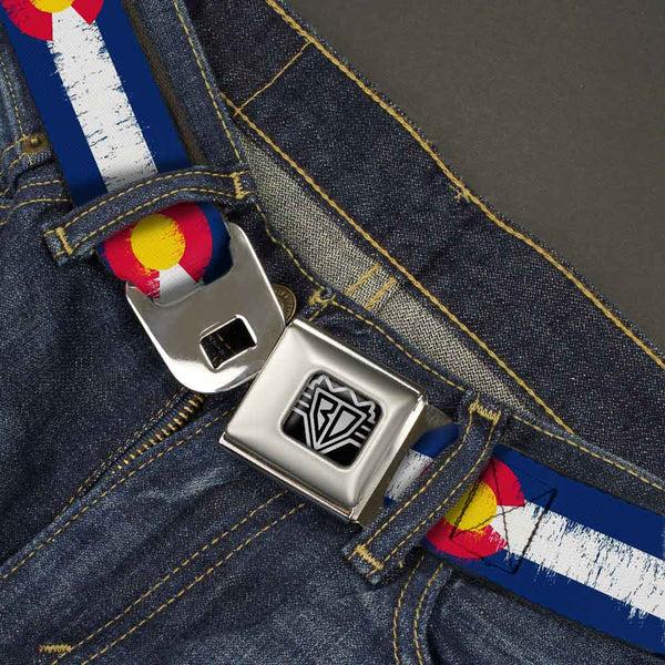Buckle-Down BD Wings Logo CLOSE-UP Full Color Black Silver Seatbelt Belt - Colorado Flags2 Repeat Weathered Webbing