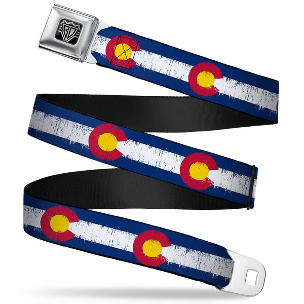 Buckle-Down BD Wings Logo CLOSE-UP Full Color Black Silver Seatbelt Belt - Colorado Flags2 Repeat Weathered Webbing