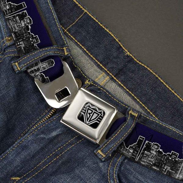 Buckle-Down BD Wings Logo CLOSE-UP Full Color Black Silver Seatbelt Belt - San Francisco Vivid Skyline Midnight Blue Webbing