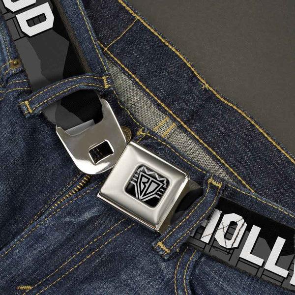 Buckle-Down BD Wings Logo CLOSE-UP Full Color Black Silver Seatbelt Belt - HOLLYWOOD Sign Skyline Black/Grays/White Webbing