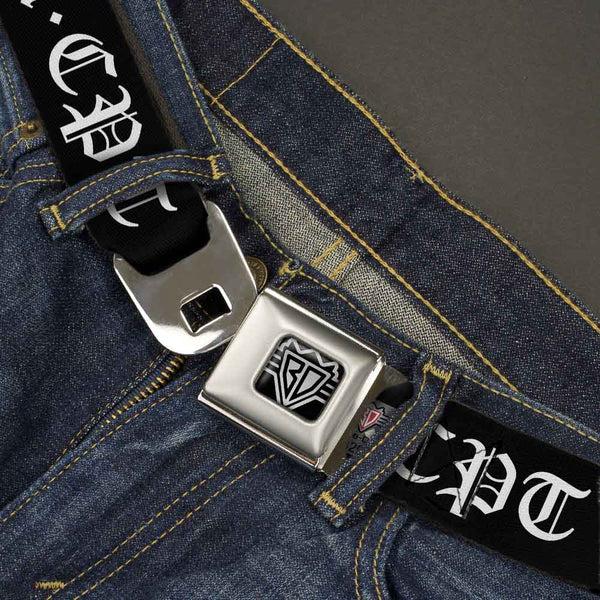 Buckle-Down BD Wings Logo CLOSE-UP Full Color Black Silver Seatbelt Belt - COMPTON-CPT Black/White Webbing