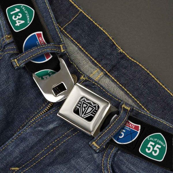 Buckle-Down BD Wings Logo CLOSE-UP Full Color Black Silver Seatbelt Belt - California Highway Signs Black Webbing
