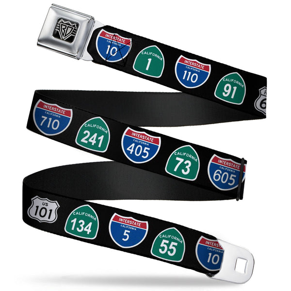 Buckle-Down BD Wings Logo CLOSE-UP Full Color Black Silver Seatbelt Belt - California Highway Signs Black Webbing