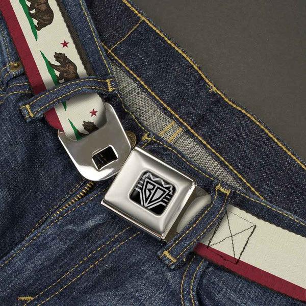 Buckle-Down BD Wings Logo CLOSE-UP Full Color Black Silver Seatbelt Belt - California Flag Bear Weathered White Webbing