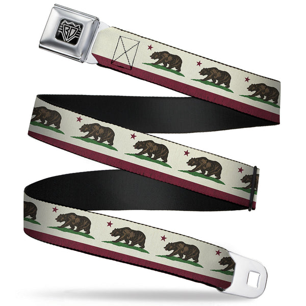 Buckle-Down BD Wings Logo CLOSE-UP Full Color Black Silver Seatbelt Belt - California Flag Bear Weathered White Webbing