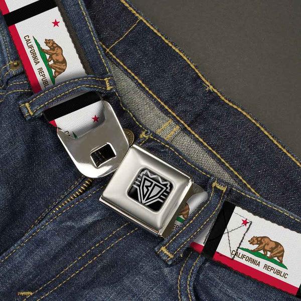 Buckle-Down BD Wings Logo CLOSE-UP Full Color Black Silver Seatbelt Belt - California Flag Repeat/Black Webbing