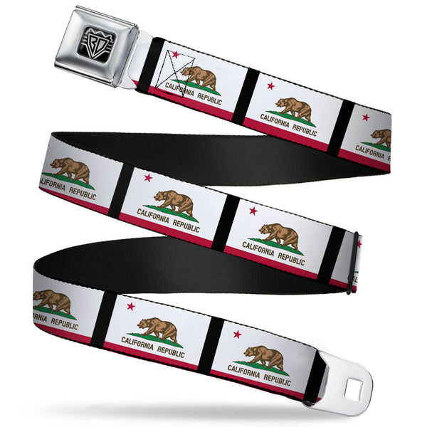 Buckle-Down BD Wings Logo CLOSE-UP Full Color Black Silver Seatbelt Belt - California Flag Repeat/Black Webbing