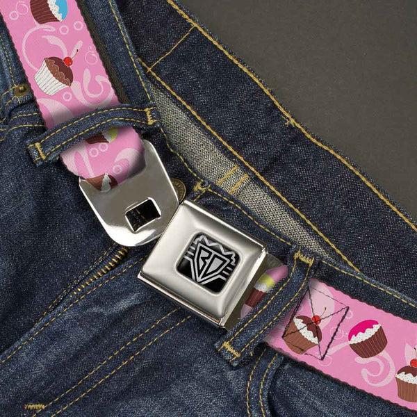 Buckle-Down BD Wings Logo CLOSE-UP Full Color Black Silver Seatbelt Belt - Cupcake Swirls Pink/Multi Color Webbing