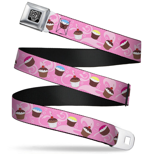 Buckle-Down BD Wings Logo CLOSE-UP Full Color Black Silver Seatbelt Belt - Cupcake Swirls Pink/Multi Color Webbing