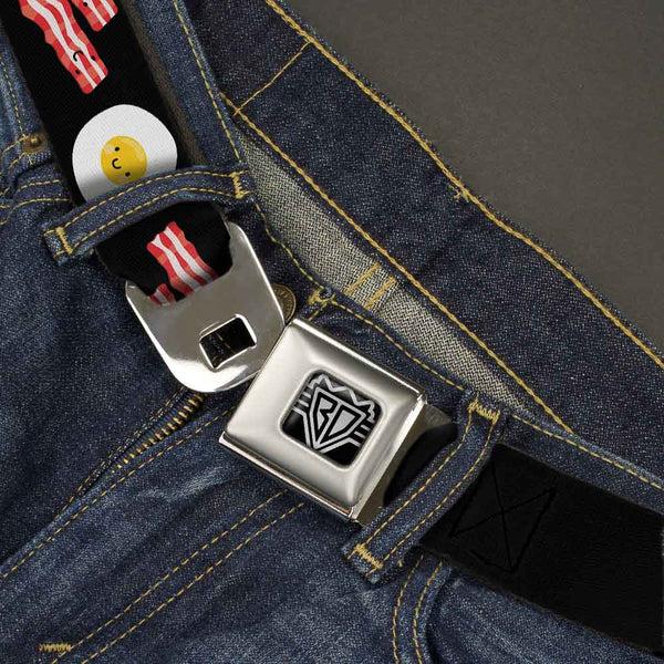 Buckle-Down BD Wings Logo CLOSE-UP Full Color Black Silver Seatbelt Belt - Bacon & Eggs Black Webbing