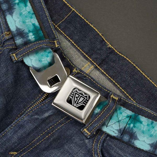 Buckle-Down BD Wings Logo CLOSE-UP Full Color Black Silver Seatbelt Belt - Tie Dye Reflection Turquoise Blues Webbing