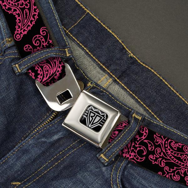 Buckle-Down BD Wings Logo CLOSE-UP Full Color Black Silver Seatbelt Belt - Paisley Black/Neon Pink Webbing