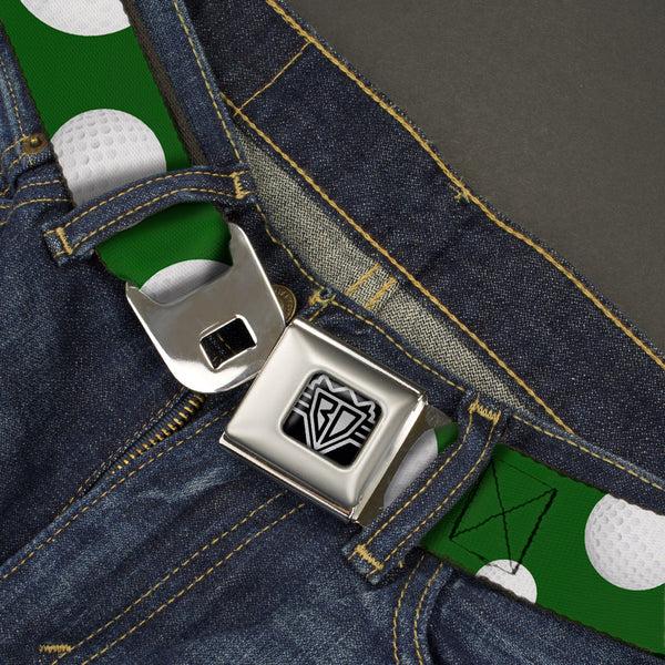 Buckle-Down BD Wings Logo CLOSE-UP Full Color Black Silver Seatbelt Belt - Golf Balls Scattered Green/White Webbing