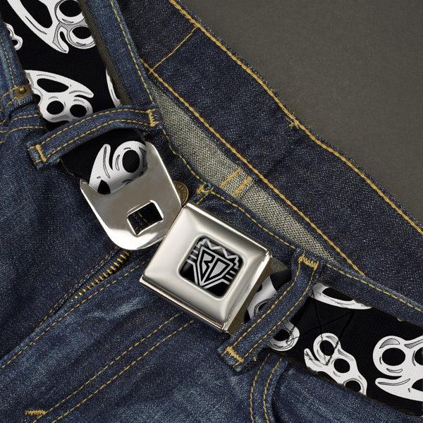 Buckle-Down BD Wings Logo CLOSE-UP Full Color Black Silver Seatbelt Belt - Brass Knuckles/Skulls/Roses2 Black/White Webbing