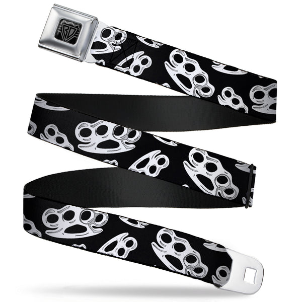 Buckle-Down BD Wings Logo CLOSE-UP Full Color Black Silver Seatbelt Belt - Brass Knuckles/Skulls/Roses2 Black/White Webbing