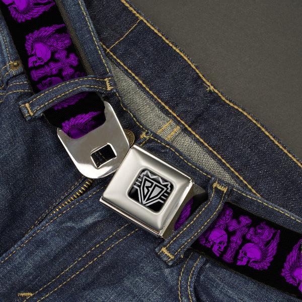 Buckle-Down BD Wings Logo CLOSE-UP Full Color Black Silver Seatbelt Belt - BD Skulls W/Wings Black/Purple Webbing