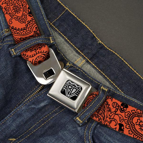 Buckle-Down BD Wings Logo CLOSE-UP Full Color Black Silver Seatbelt Belt - Bandana/Skulls Orange/Black Webbing