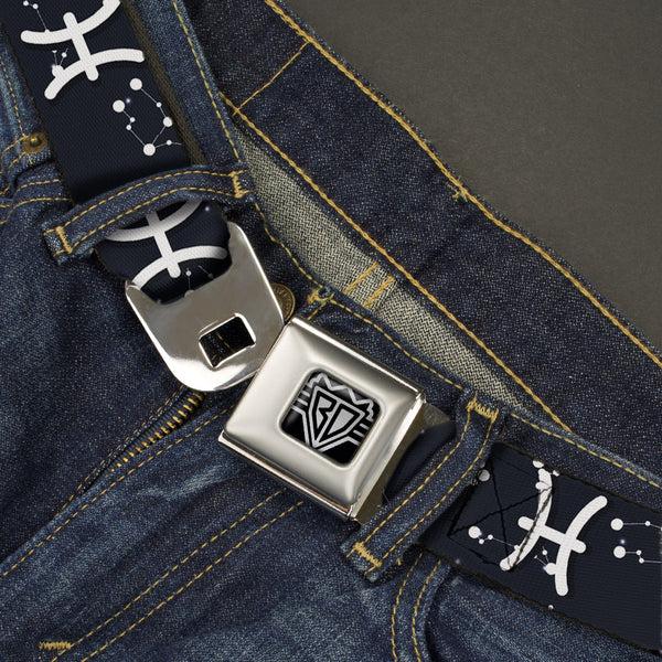 Buckle-Down BD Wings Logo CLOSE-UP Full Color Black Silver Seatbelt Belt - Zodiac Pisces Symbol/Constellations Black/White Webbing