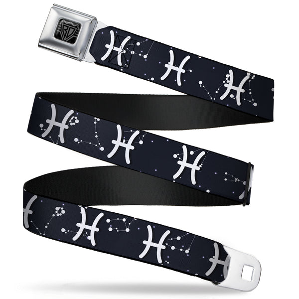 Buckle-Down BD Wings Logo CLOSE-UP Full Color Black Silver Seatbelt Belt - Zodiac Pisces Symbol/Constellations Black/White Webbing