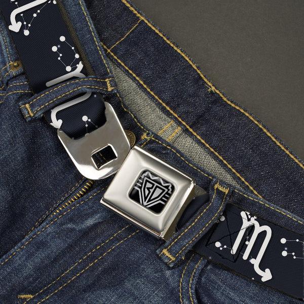 Buckle-Down BD Wings Logo CLOSE-UP Full Color Black Silver Seatbelt Belt - Zodiac Scorpio Symbol/Constellations Black/White Webbing