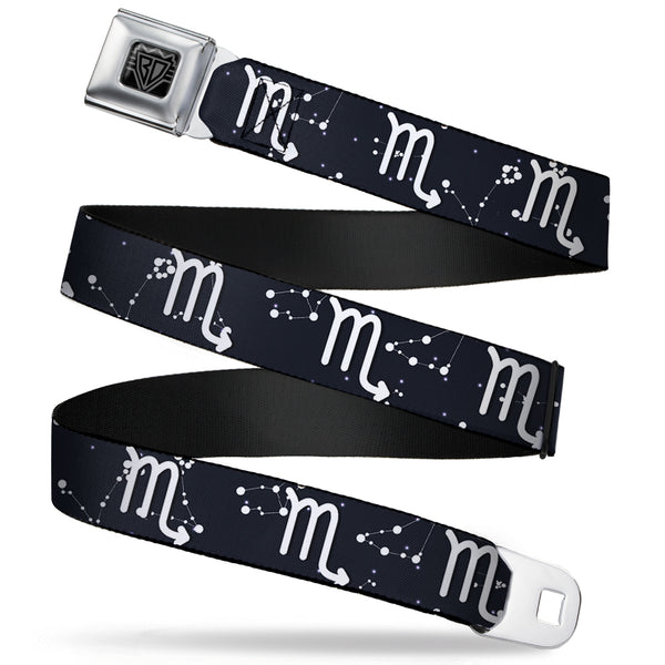 Buckle-Down BD Wings Logo CLOSE-UP Full Color Black Silver Seatbelt Belt - Zodiac Scorpio Symbol/Constellations Black/White Webbing