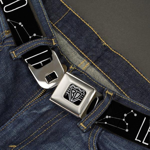 Buckle-Down BD Wings Logo CLOSE-UP Full Color Black Silver Seatbelt Belt - Zodiac LEO/Constellation Black/White Webbing