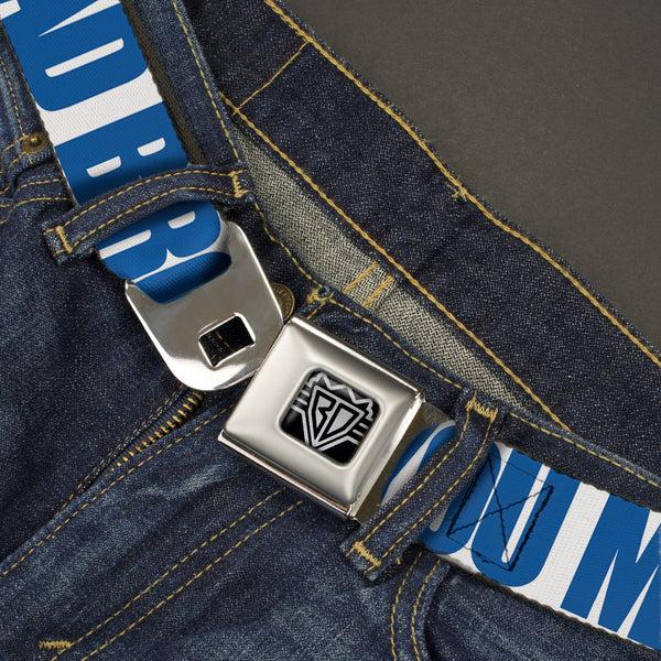 Buckle-Down BD Wings Logo CLOSE-UP Full Color Black Silver Seatbelt Belt - YOU MAD BRO White/Royal Webbing