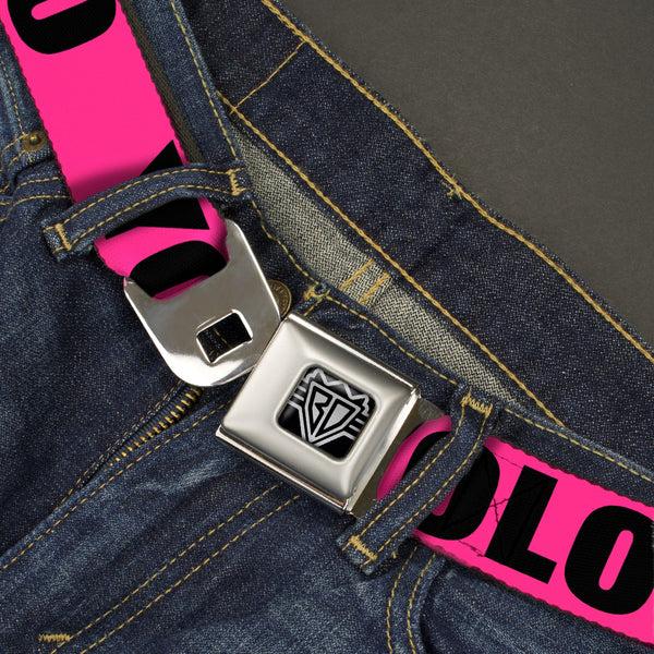 Buckle-Down BD Wings Logo CLOSE-UP Full Color Black Silver Seatbelt Belt - YOLO Pink/Black Webbing