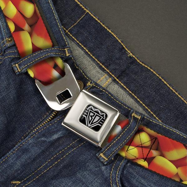 Buckle-Down BD Wings Logo CLOSE-UP Full Color Black Silver Seatbelt Belt - Vivid Candy Corn Stacked Webbing