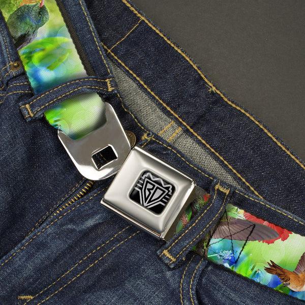 Buckle-Down BD Wings Logo CLOSE-UP Full Color Black Silver Seatbelt Belt - Vivid Hummingbird Garden Webbing