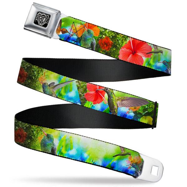 Buckle-Down BD Wings Logo CLOSE-UP Full Color Black Silver Seatbelt Belt - Vivid Hummingbird Garden Webbing
