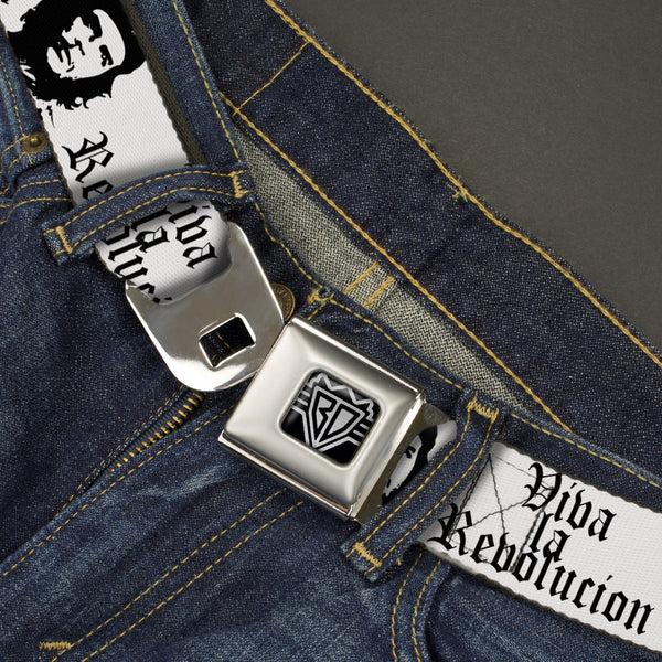 Buckle-Down BD Wings Logo CLOSE-UP Full Color Black Silver Seatbelt Belt - VIVA LA REVOLUCION Che White/Black Webbing