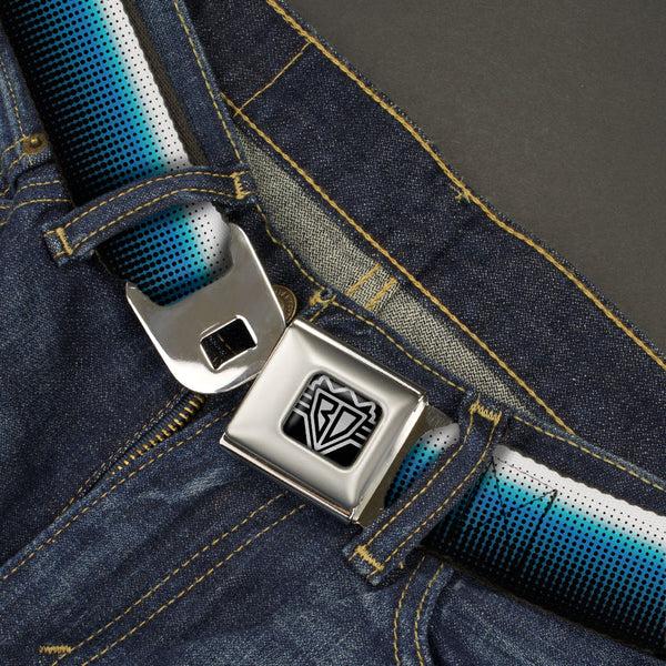 Buckle-Down BD Wings Logo CLOSE-UP Full Color Black Silver Seatbelt Belt - Transitioning Dots White/Blue/Black Webbing