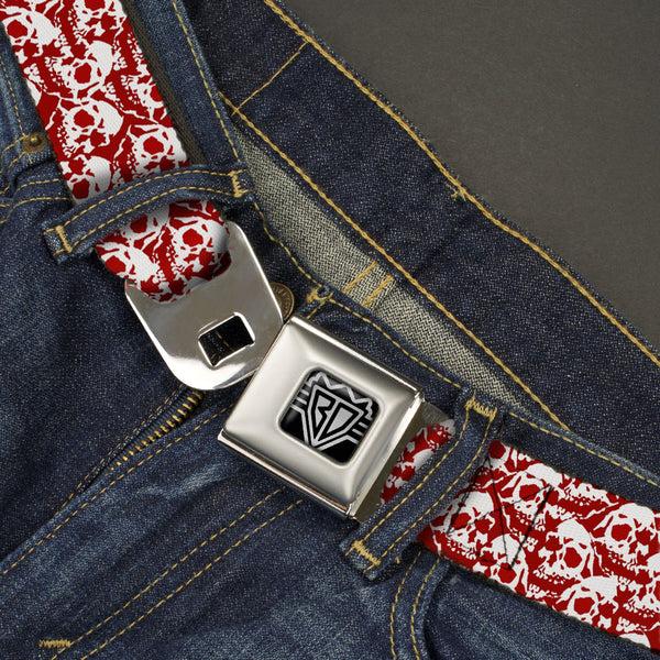 Buckle-Down BD Wings Logo CLOSE-UP Full Color Black Silver Seatbelt Belt - Skull Yard Red/White Webbing