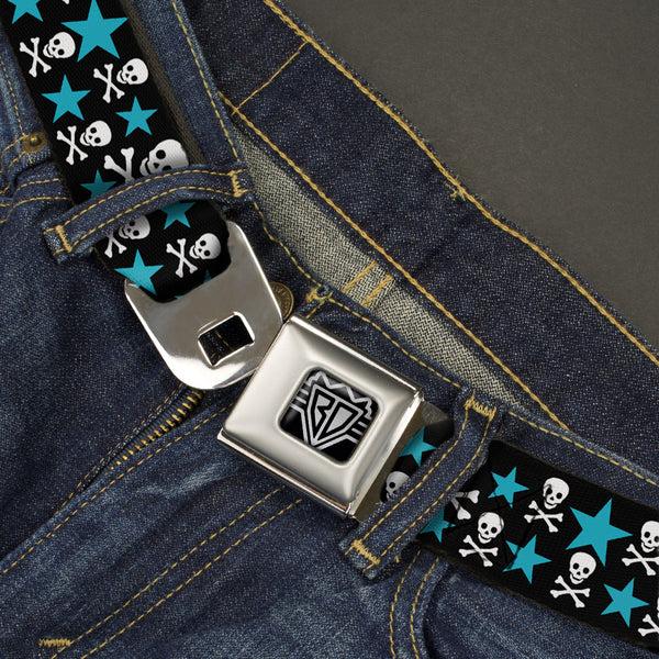 Buckle-Down BD Wings Logo CLOSE-UP Full Color Black Silver Seatbelt Belt - Skulls & Stars Black/White/Blue Webbing