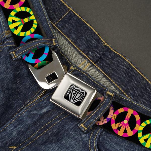 Buckle-Down BD Wings Logo CLOSE-UP Full Color Black Silver Seatbelt Belt - Peace Flowers Black/Multi Color Webbing