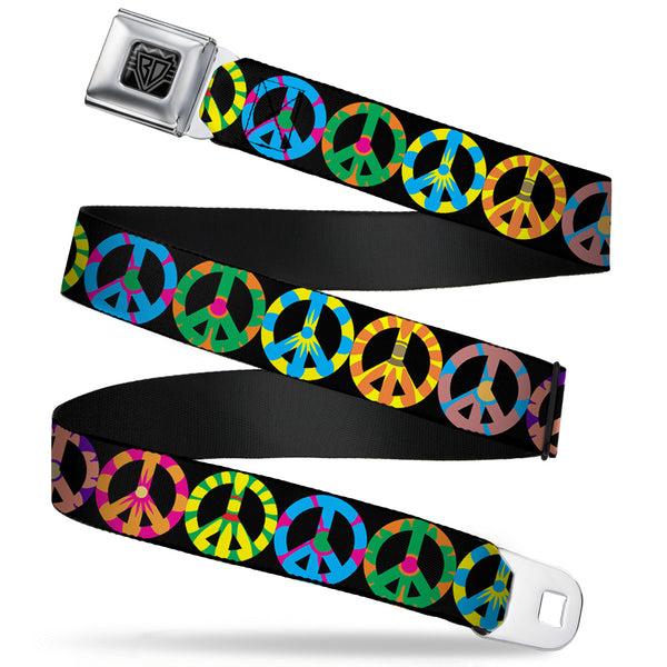 Buckle-Down BD Wings Logo CLOSE-UP Full Color Black Silver Seatbelt Belt - Peace Flowers Black/Multi Color Webbing