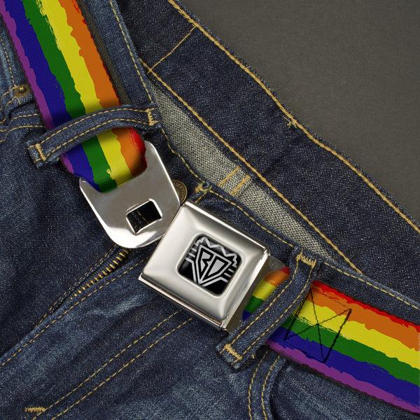 Buckle-Down BD Wings Logo CLOSE-UP Full Color Black Silver Seatbelt Belt - Rainbow Stripe Painted Webbing