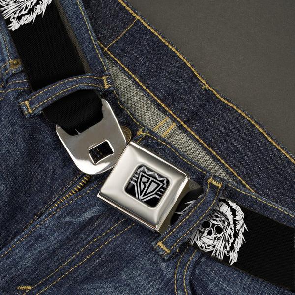 Buckle-Down BD Wings Logo CLOSE-UP Full Color Black Silver Seatbelt Belt - Native American Skull Black/White Webbing