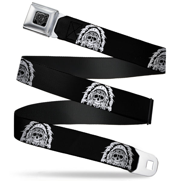 Buckle-Down BD Wings Logo CLOSE-UP Full Color Black Silver Seatbelt Belt - Native American Skull Black/White Webbing