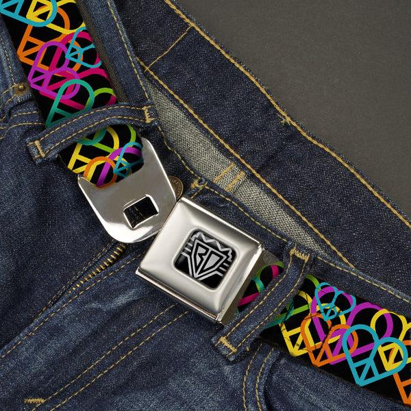 Buckle-Down BD Wings Logo CLOSE-UP Full Color Black Silver Seatbelt Belt - Peace Hearts Stacked Black/Neon Webbing