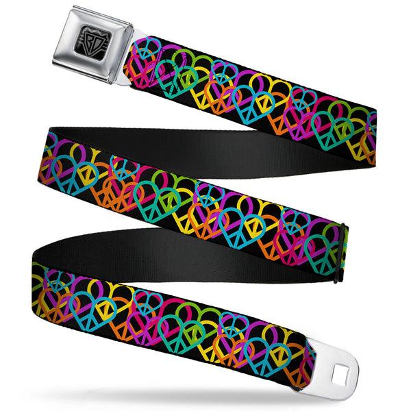 Buckle-Down BD Wings Logo CLOSE-UP Full Color Black Silver Seatbelt Belt - Peace Hearts Stacked Black/Neon Webbing